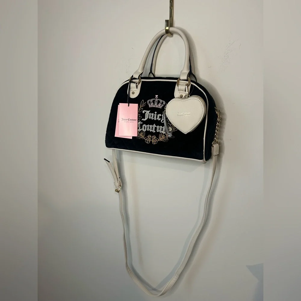 juicy couture black cream embroidered crest satchel bag